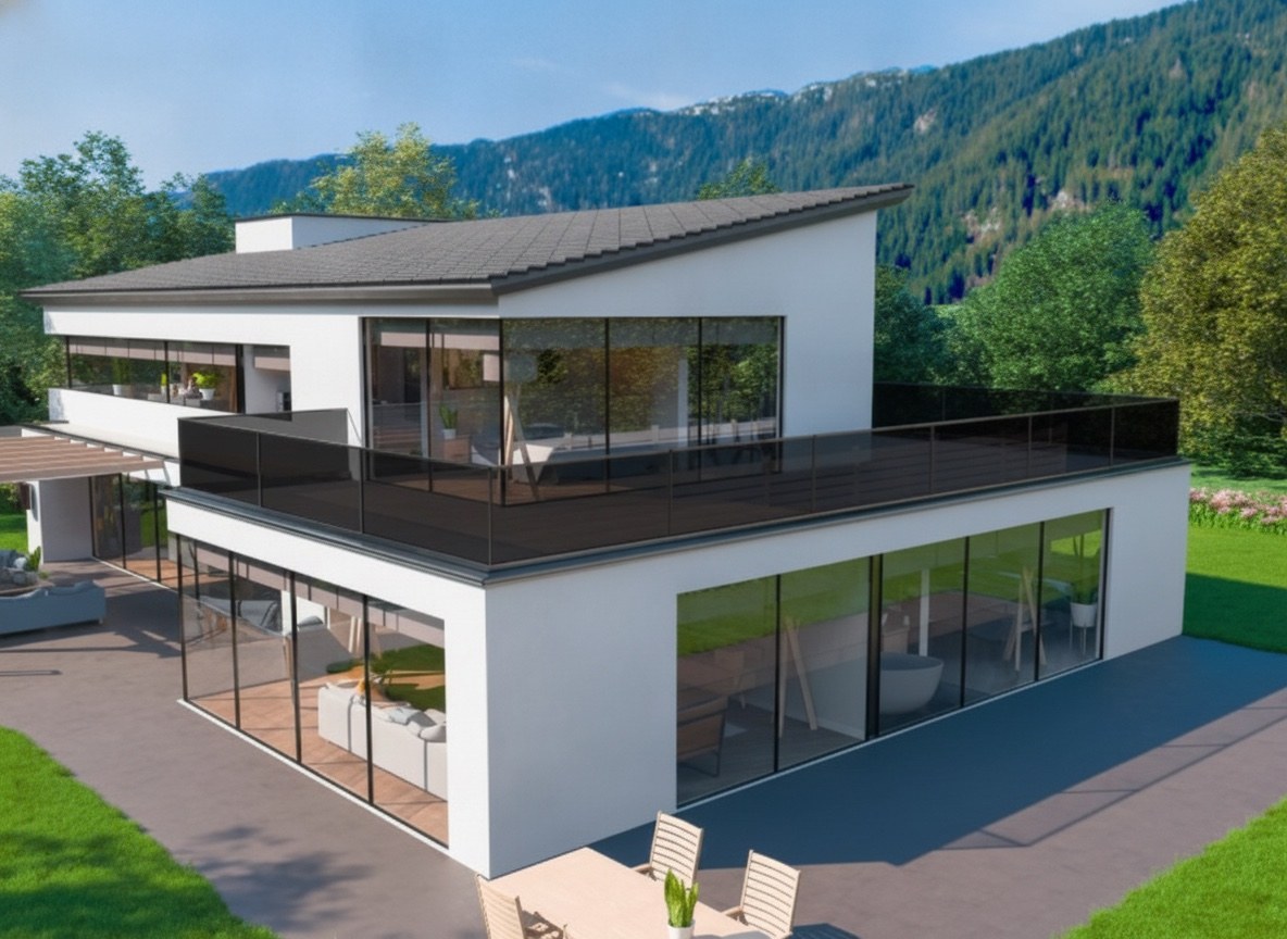 Parapetto in vetro fotovoltaico con trasparenza intermedia su una villa contemporanea