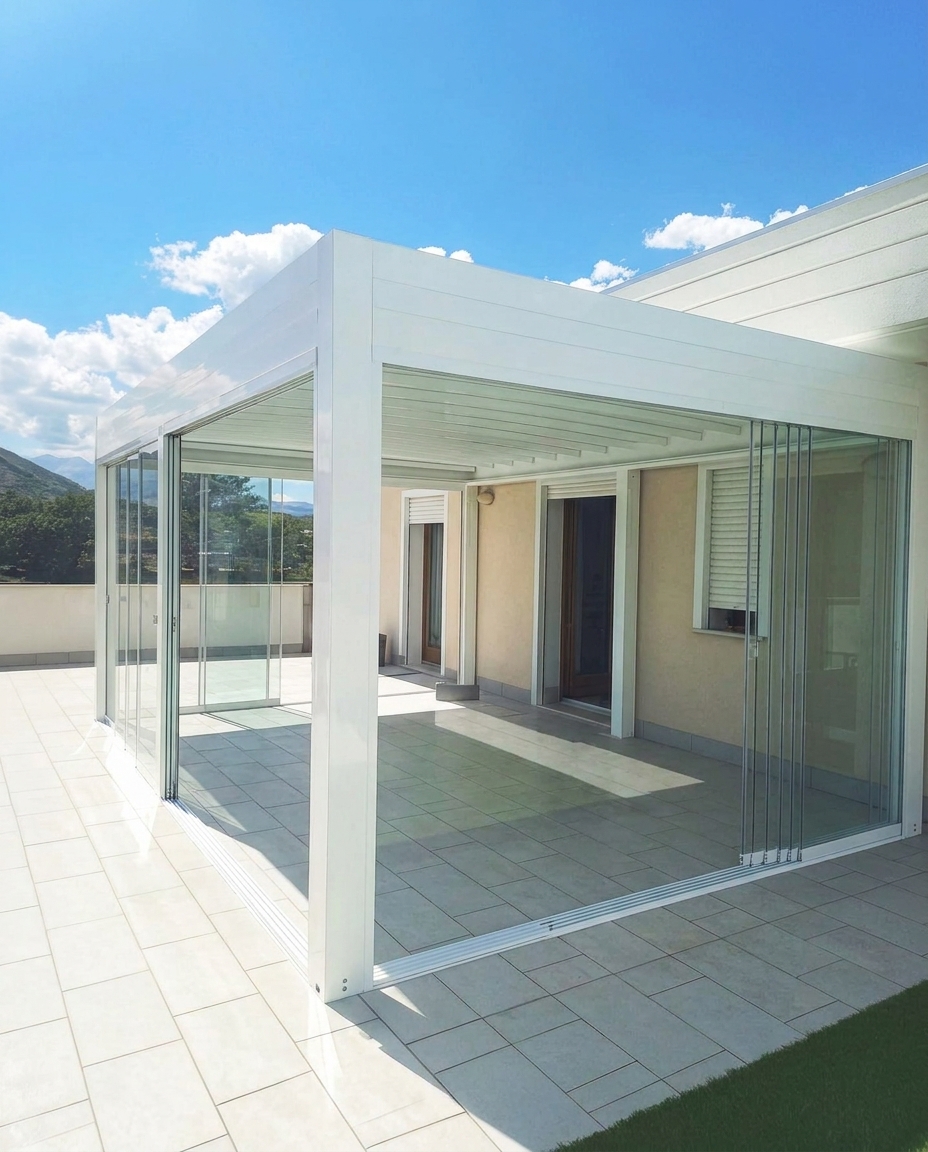 Vetrata scorrevole aperta sotto una pergola, con le ante raccolte una dietro l'altra sul lato