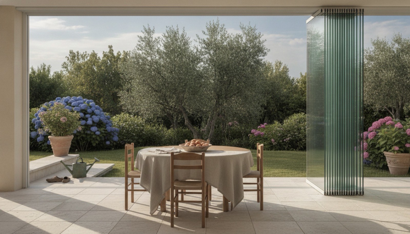 Terrazza con la vetrata panoramica aperta e le lastre impacchettate su un lato
